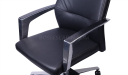 black leather office chair with padded steel armrests
