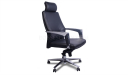 side view of black leather office chair with headrest