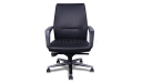 front view of black leather office chair with steel arms and base