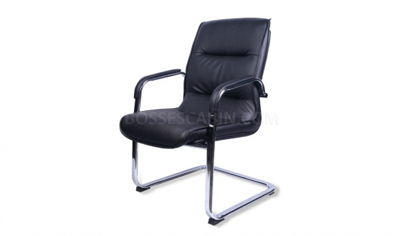 fixed base visitor chair in black leather and steel