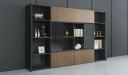 large office cabinet with glass doors and display shelves in walnut finish