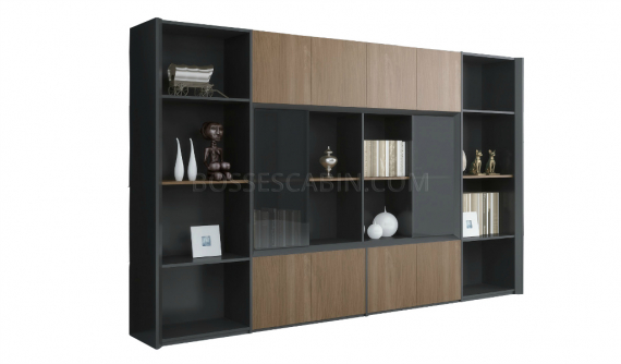 a 10 feet office cabinet with bookshelf in walnut and solid gray finish