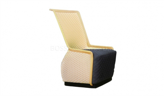 stylish medium back lounge chair in yellow knitted mesh and black cushioned seat