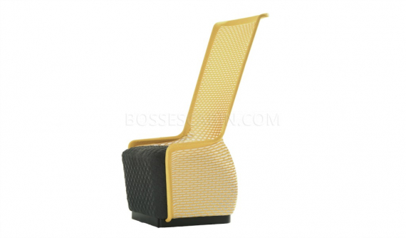 a stylish lounge chair in bright yellow mesh and black cushioned seat