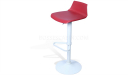 bar stool with red seat and white pedestal base with foot rest