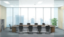 conference room with U shape conference table and nine black chairs