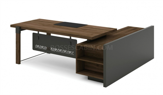 L shape office table with side credenza in dark walnut and carbon gray combination