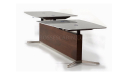 marble top height adjustable meeting table with dark walnut base.