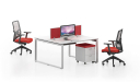 modular office desking system in white laminate and red screen