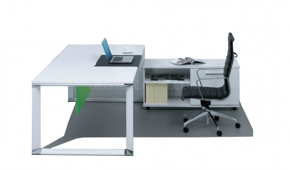 white office desk with sleek metal legs and side credenza