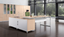 office cabin with light wood color L shape office desk and chair