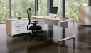 L shape office desk with side cabinet in light wood color