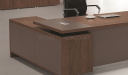 walnut laminate desktop with wire box