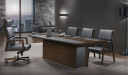 luxurious office with dark oak meeting table and leather chairs
