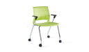 green plastic chair with chrome legs and castors