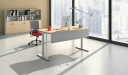 office cabin with height adjustable desk in light wood finish